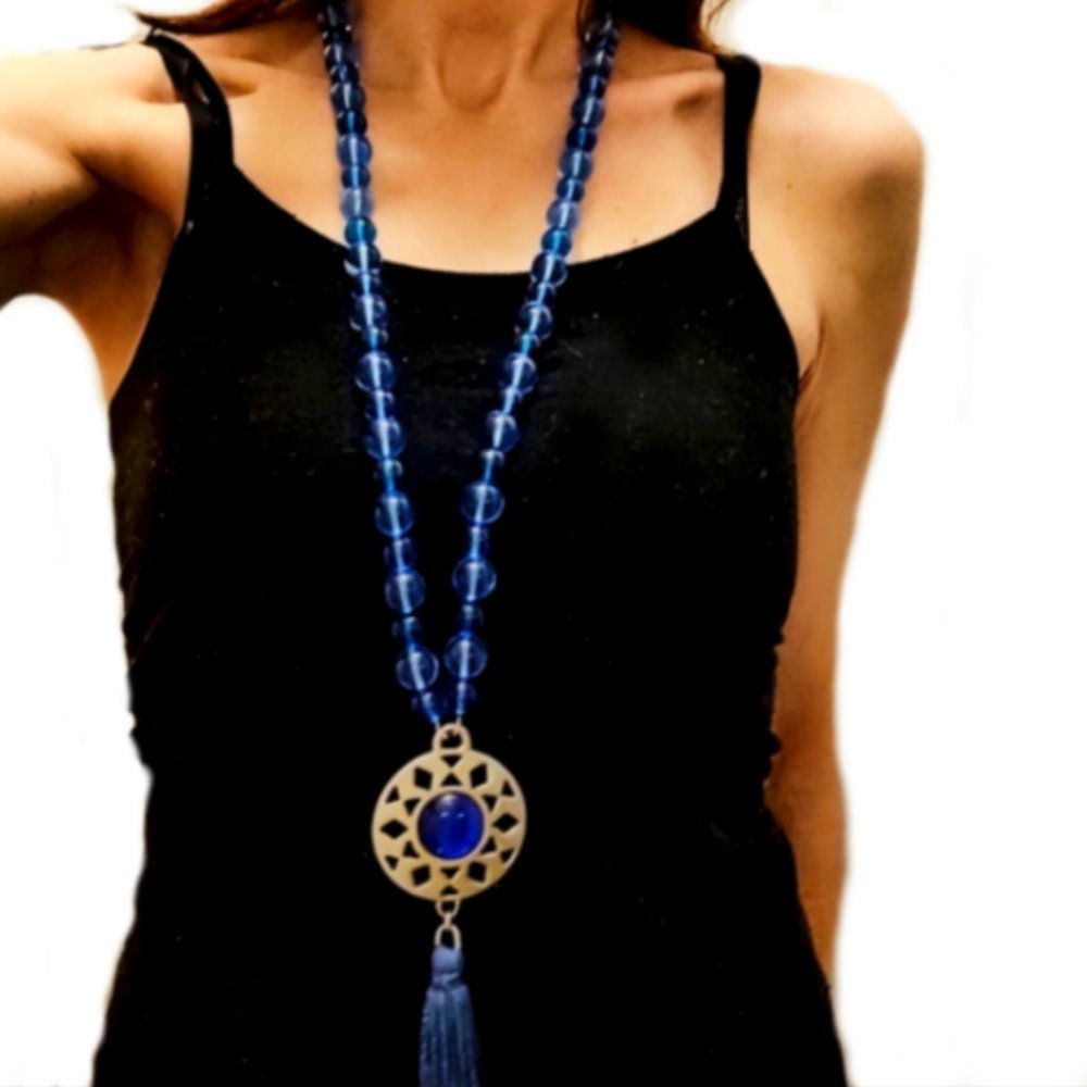 Vintage Celine Paris Oversized Blue Glass Bead & Gripoix Silver Necklace - Picture 6 of 15